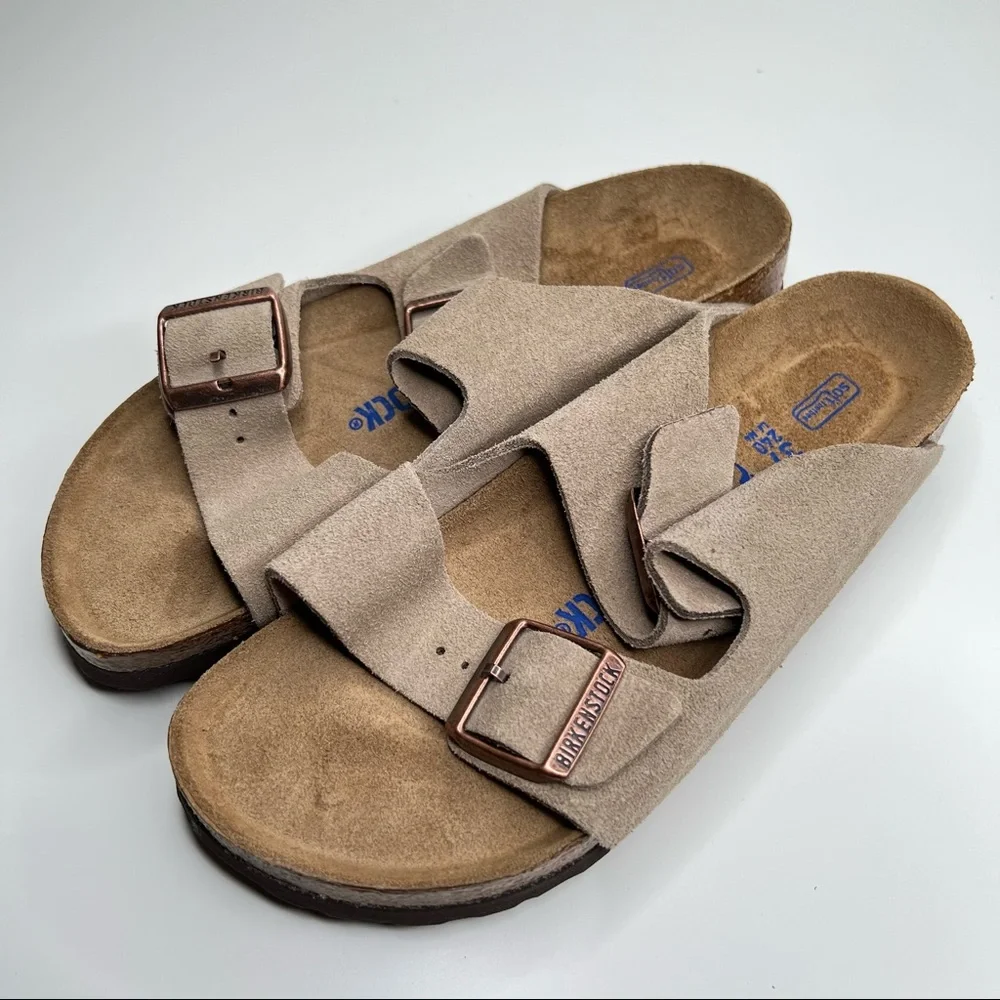 NEW BIRKENSTOCK Arizona Soft Slide Sandal Taupe Suede Size 37 EU 6 - 6.5… narrow_4